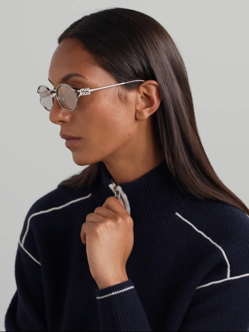 Miu Miu 54MM Metal Round Oval Frame Sunglasses Silver Taupe NWT